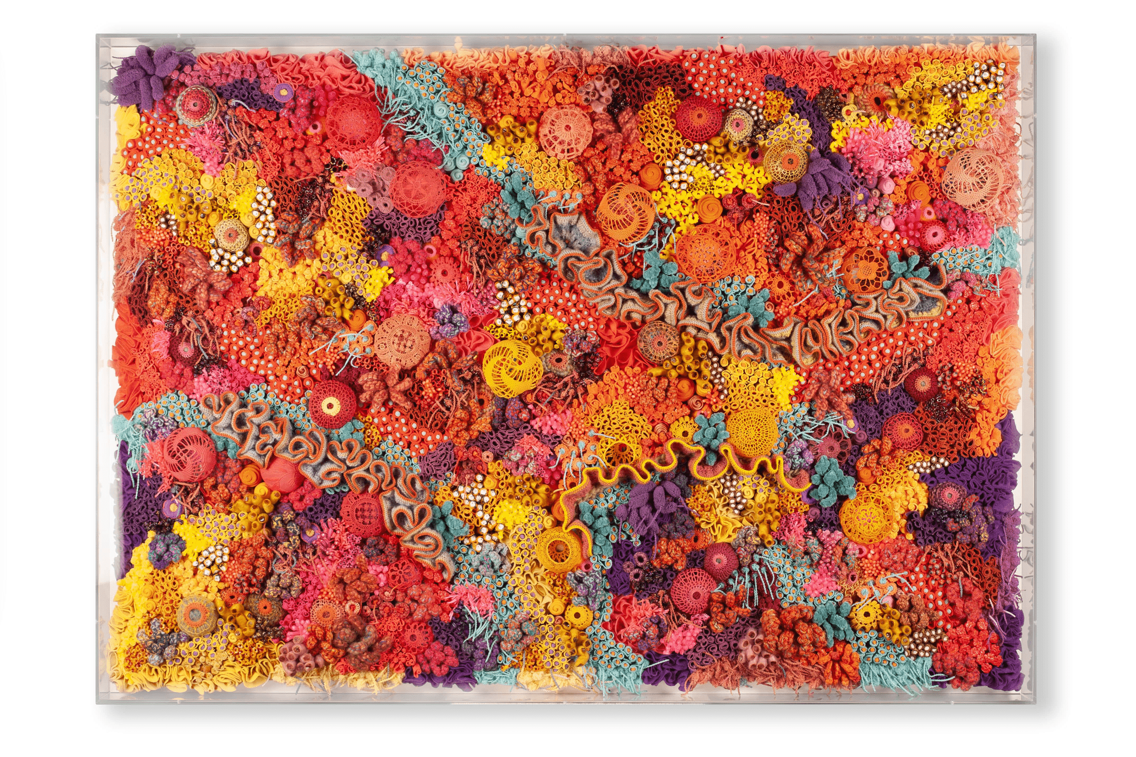 Isabelle .D, Mensonges et verites 14, 2024. Fibres with crochet, embroidery, weaving, sewing, glass perfume bottles on canvas. 120 x 80 x 10cm. Courtesy of Gallery Nosco